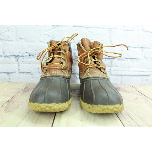 LL Bean Lace Up Unlined Ankle Duck Boots Brown Leather Padded Collar Size 9 M - Picture 4 of 10